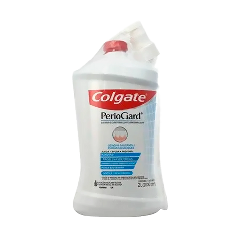 Frasco transparente de 2L con líquido azul, enjuague bucal Colgate PerioGard sin alcohol, tapa blanca y etiqueta azul y roja, ideal para encías sensibles y protección bucal diaria.